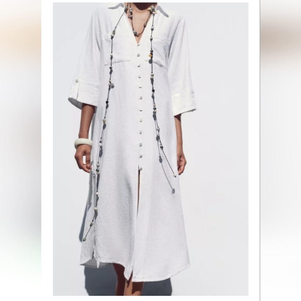 Zara Linen Midi White Button-Down Tunic Shirt Dresss Sz-M - Picture 1 of 10